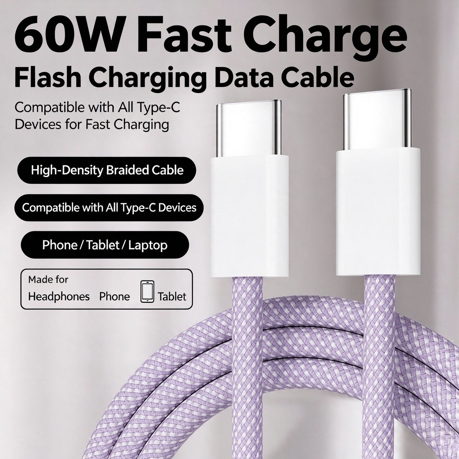 60W Braided USB-C Cable · 2m — 2