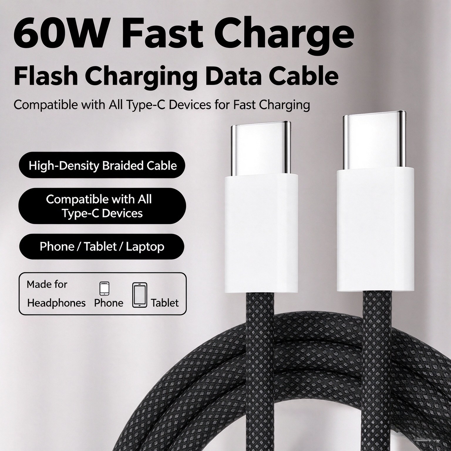 60W Braided USB-C Cable · 2m — 4